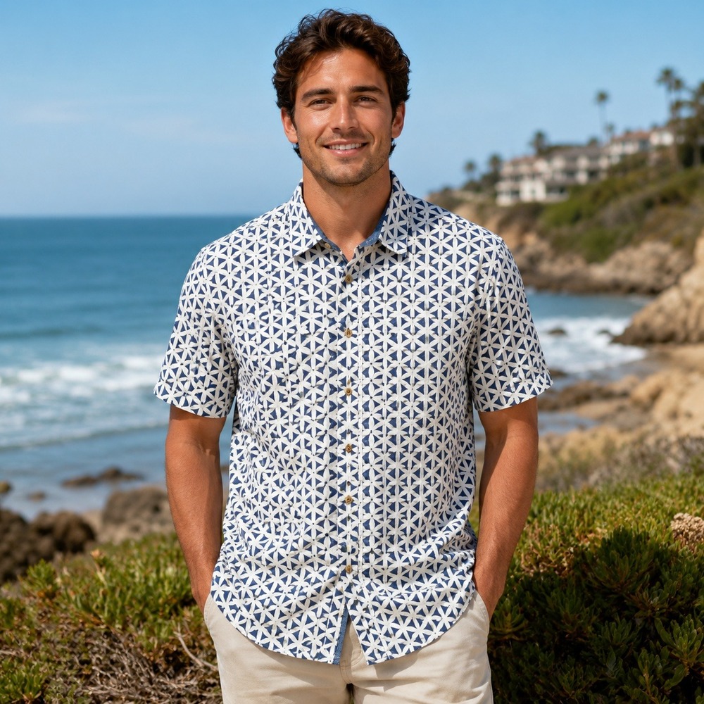 Reyn Spooner Shirt Mens XL Blue White Geometric Linen Cotton Short Sleeve Button